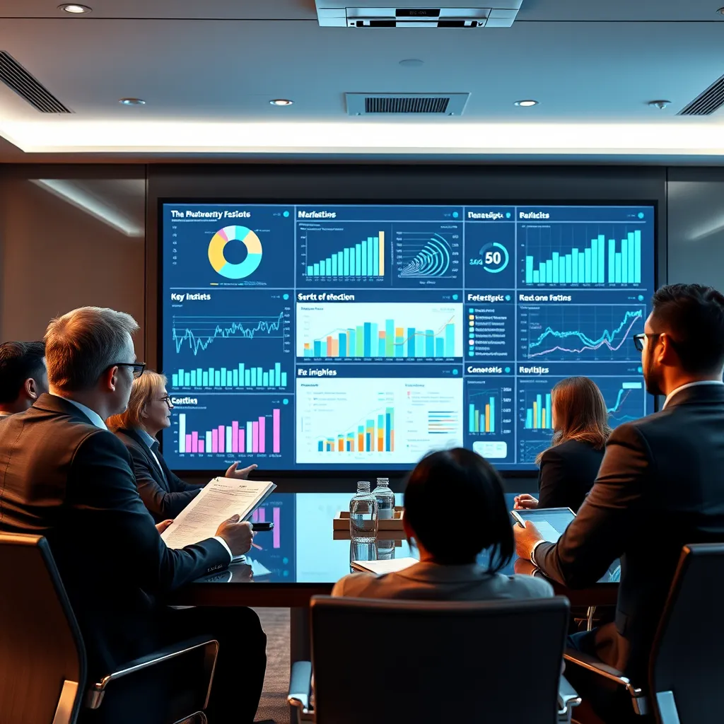  A consultant is presenting data visualizations on a large screen to a group of executives. The charts show trends, patterns, and key insights. The executives are engaged and attentive, taking notes and asking questions. The background is a sleek, modern boardroom with high-tech equipment.